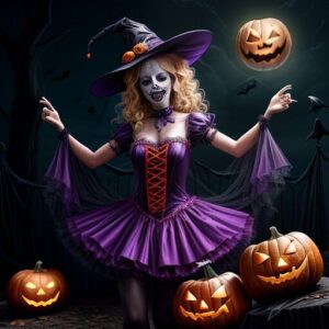 A woman dressed as a witch in a purple dress and pointed hat surrounded by scary pumpkins